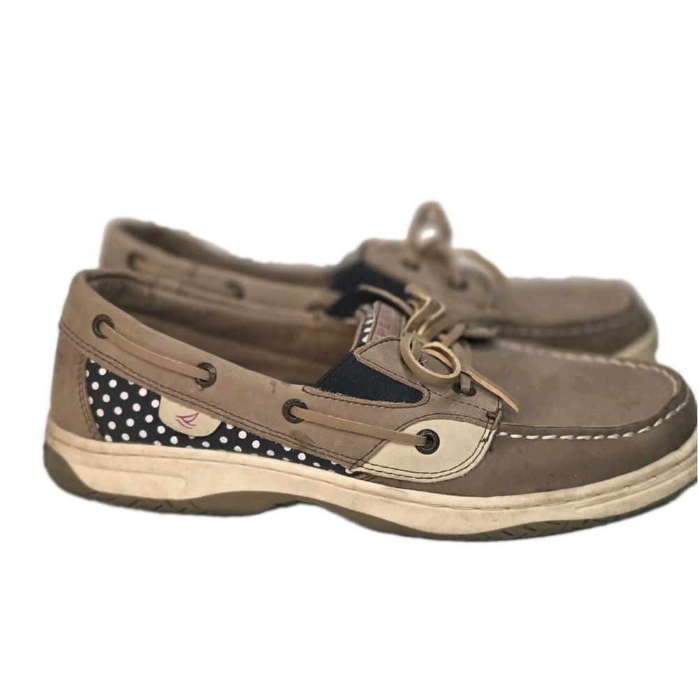 Sperry Top-Sider Women's 7.5 Tan Navy White Polka Dot Leather Boat Shoes